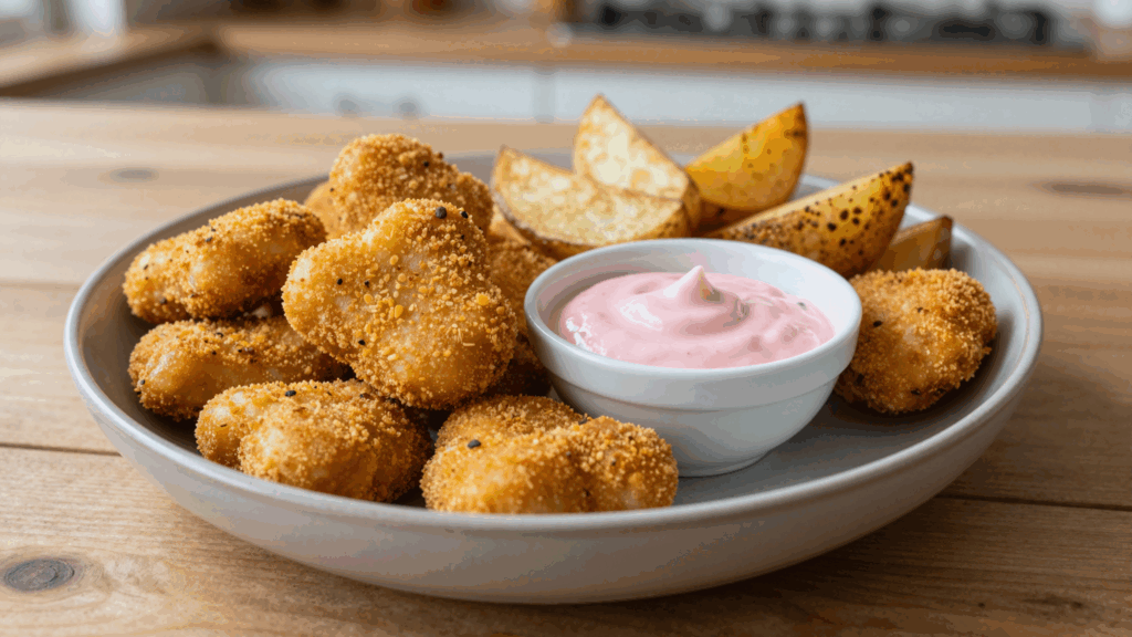 Selbst gemachte Hähnchen-Nuggets mit Cornflakes-Panade, Dip und Ofenkartoffeln