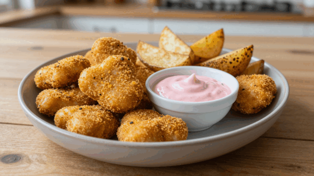 Selbst gemachte Hähnchen-Nuggets mit Cornflakes-Panade, Dip und Ofenkartoffeln