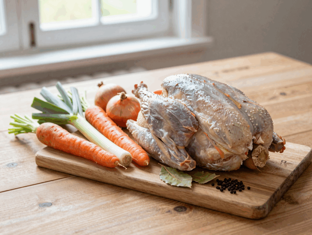 Suppenhuhn auf dem Brett neben Suppengrün, Zwiebeln, Lorbeer und Pfefferkörnern