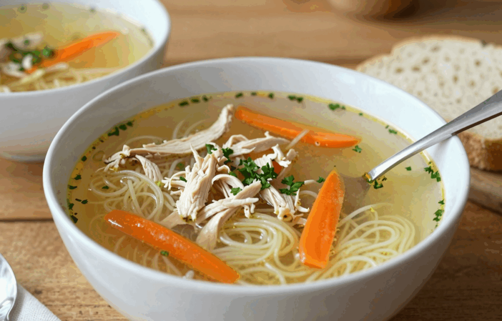 Teller goldgelbe Hühnersuppe mit Nudeln, Möhrenscheiben und Petersilie