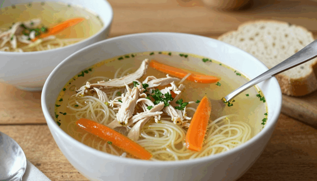 Teller goldgelbe Hühnersuppe mit Nudeln, Möhrenscheiben und Petersilie