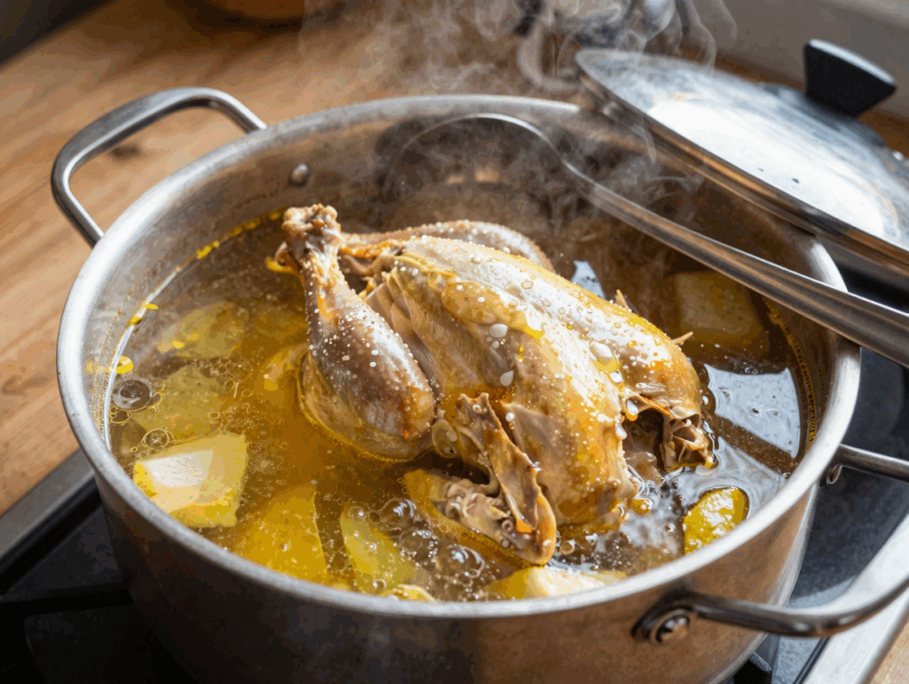 Großer Topf mit klarer Brühe, Huhn und Suppengrün beim leisen Köcheln