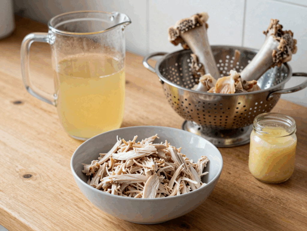 Schüssel mit gezupftem Hühnerfleisch, Kanne mit abgeseihter Brühe und Knochen im Sieb