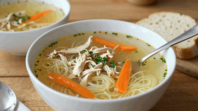 Teller goldgelbe Hühnersuppe mit Nudeln, Möhrenscheiben und Petersilie