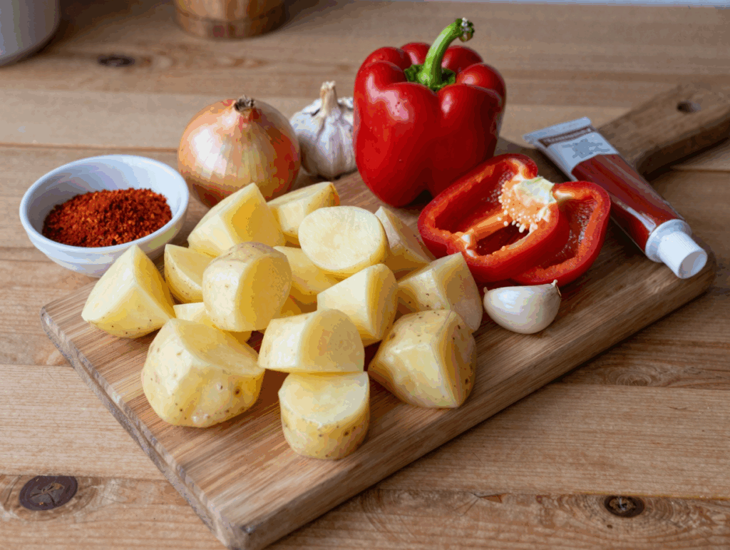 Gewürfelte Kartoffeln, Paprikastücke und Zwiebeln auf dem Brett