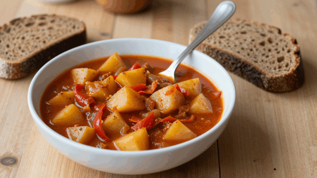 Tiefer Teller Kartoffelgulasch mit Paprika und Brot