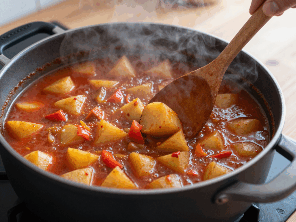 Kartoffelgulasch köchelt im Topf, Kartoffeln werden am Rand zerdrückt